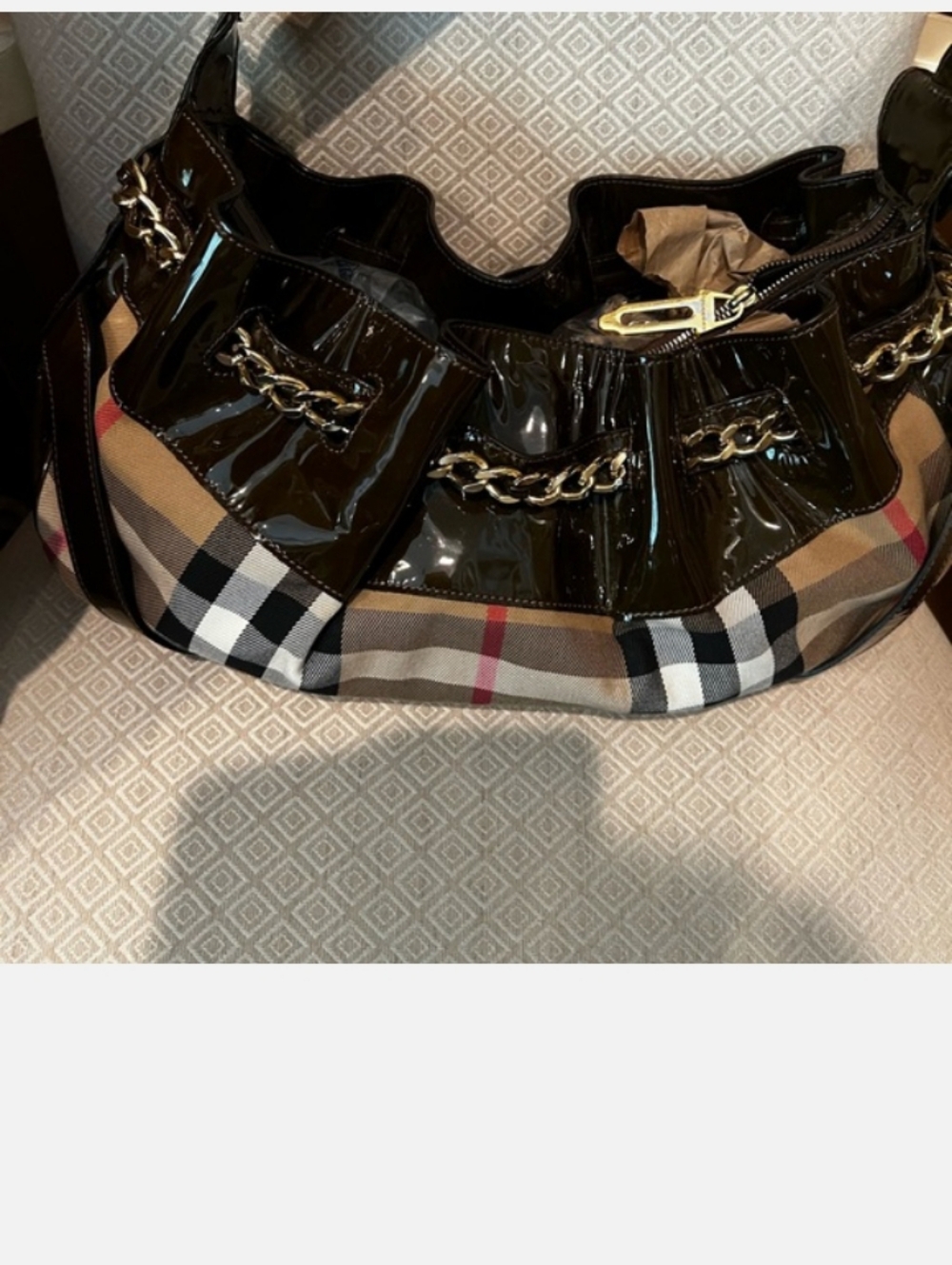 Patent Leather Chain-Trim Plaid Shoulder Bag - Black & Tan